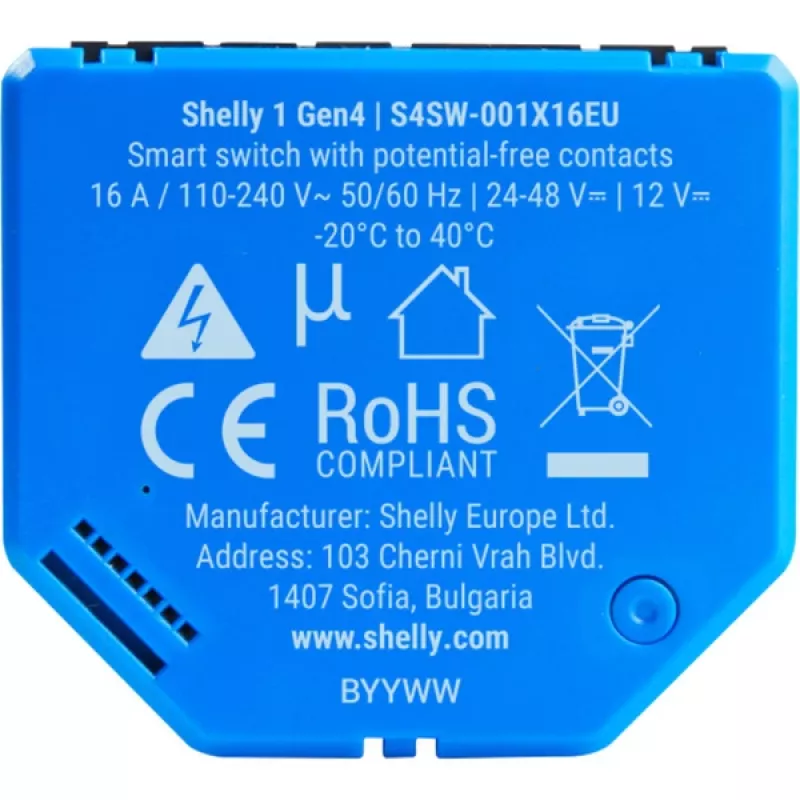 Inteligentny włącznik Shelly 1 Gen4, bezprzewodowy, 240 V AC, Bluetooth 5.0/Wi‑Fi/ZigBee, obudowa z tworzywa sztucznego, 42×16×37 mm, zestaw 2 szt.