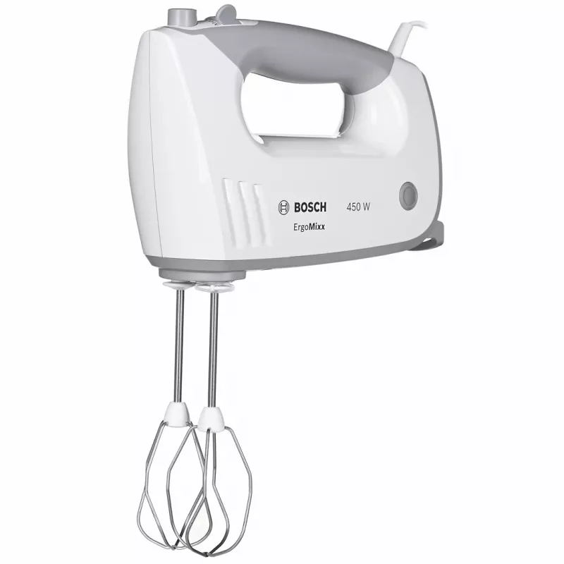 Mikser ręczny Bosch MFQ36480 – 450 W, 5 prędkości z turbo, szaro-biały, trzepaczki i haki do ciasta