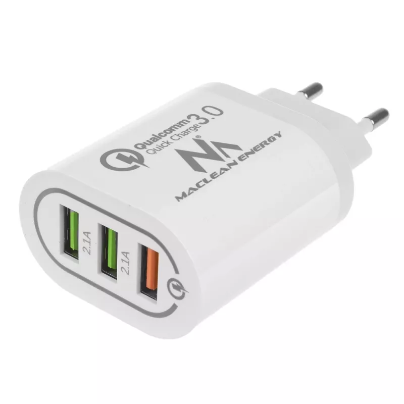Ładowarka sieciowa MACLEAN MCE479W — szybka ładowarka USB z 3 portami, łączna moc wyjściowa 18 W