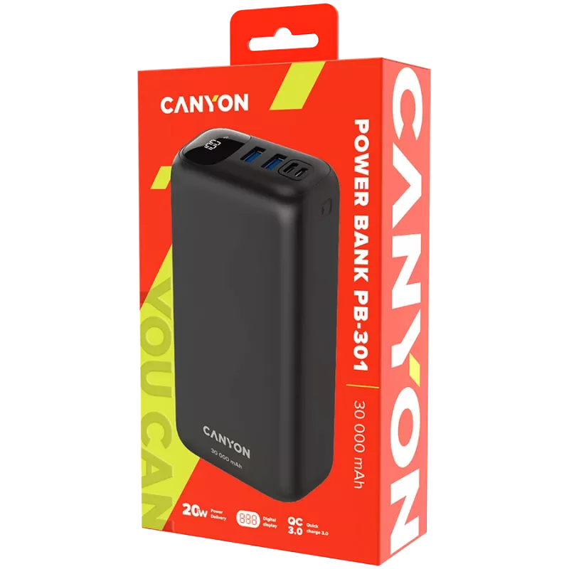 Powerbank Canyon PB-301 30000 mAh PD/QC/Wyświetlacz czarny detal