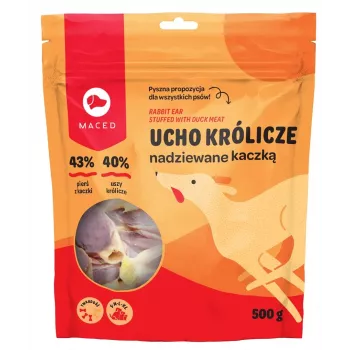 Psia gryzak dentystyczny MACED Kaczka z uchem królika 500 g — długotrwały naturalny gryzak, białko 50%, odpowiedni dla wszystkich ras
