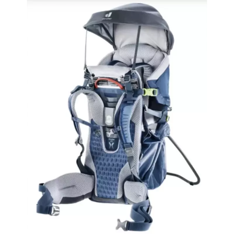 Plecak do noszenia dziecka DEUTER Kid Comfort Active — niebieski, poliamid, do 22 kg, daszek przeciwsłoneczny, podnóżek, VariQuick, Lite Air