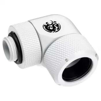 Złączka BitsPower BP-DWE90RMLA16 — mosiężna złączka kątowa 90° do chłodzenia komputerowego, średnica 1,6 cm, biała