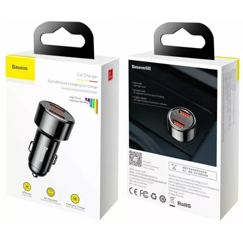 Szybka ładowarka samochodowa USB Baseus CCMLC20A-01 — do smartfonów, wejście 12–24 V, wyjście do 20 V, czarna