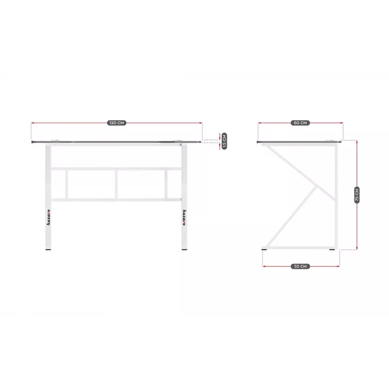 Biurko gamingowe huzaro Hero 1.6 biały — prosty blat MDF/węglowy 1200×600 mm, metalowa rama, wysokość 750 mm