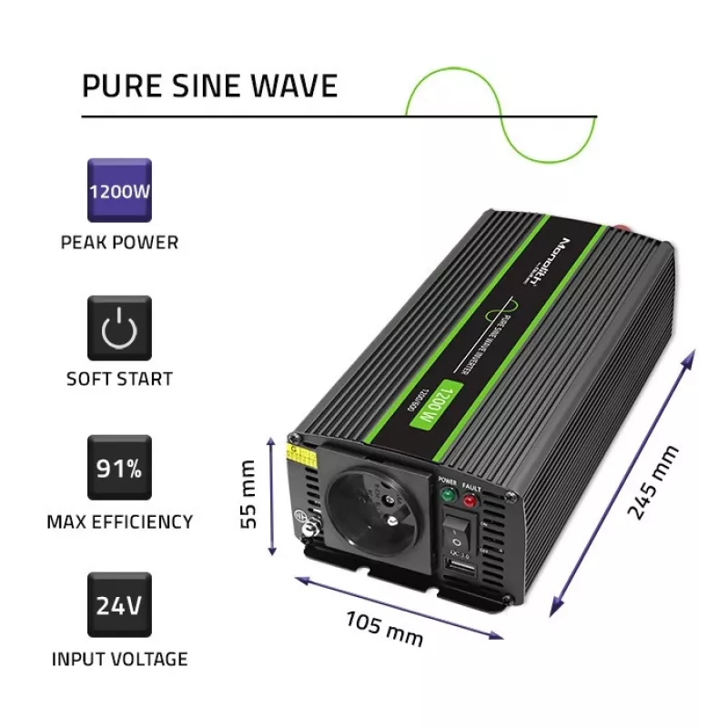 Przetwornica samochodowa Qoltec Monolith 1200 W Czarna 24 V