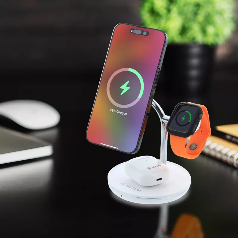 Bezprzewodowa ładowarka biurkowa Tellur TLL151391 3w1 MagSafe Szybkie ładowanie dla telefonu, zegarka i słuchawek