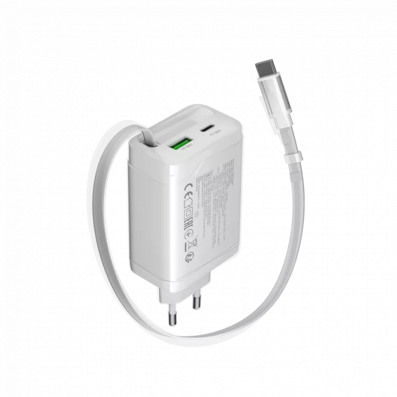 Ładowarka CANYON OnCharge 65RC z wbudowanym kablem USB-C 65W, 1x PD, 1x QC, wtyczka EU, biała