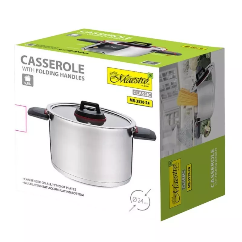 Garnek Maestro MR-3530-24 stal nierdzewna 24 cm, 5,5 l, składane uchwyty, szklana pokrywka