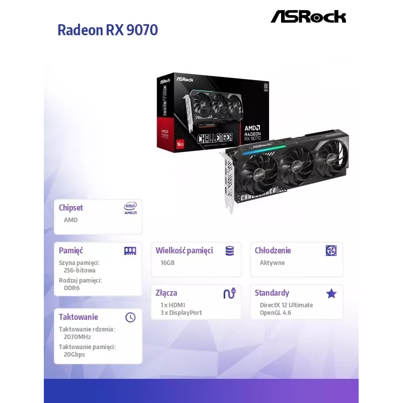 Karta graficzna ASRock Challenger Radeon RX 9070 — 16 GB GDDR6, 256-bit, PCIe 5.0, 3x DisplayPort 2.1a + HDMI 2.1b