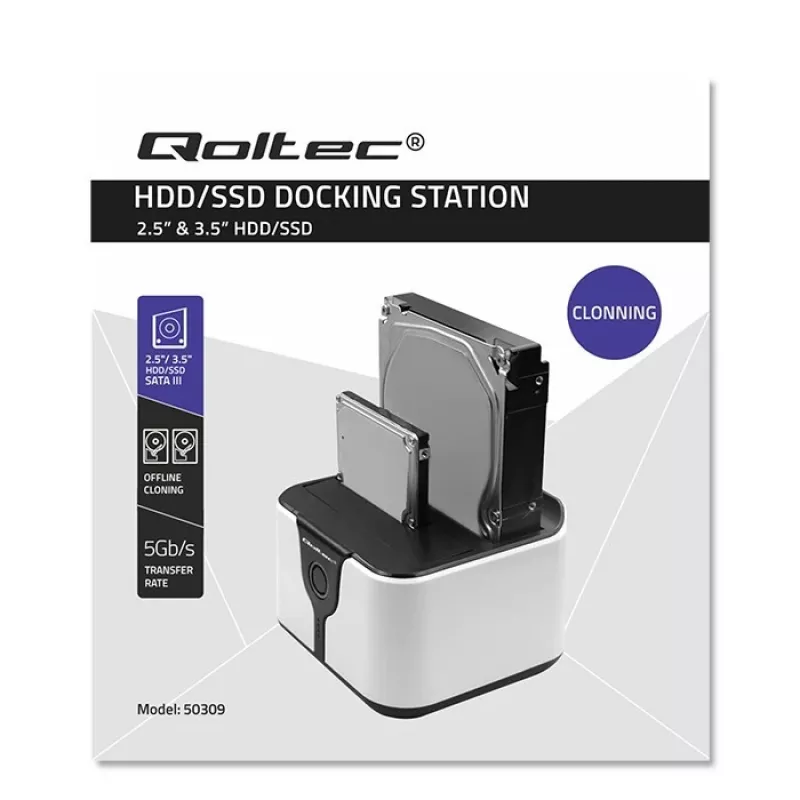 Qoltec 50309 stacja dokująca HDD SSD 2.5 3.5 | SATA III | USB 3.0 | Super speed 5Gb/s | z funkcją klonowania