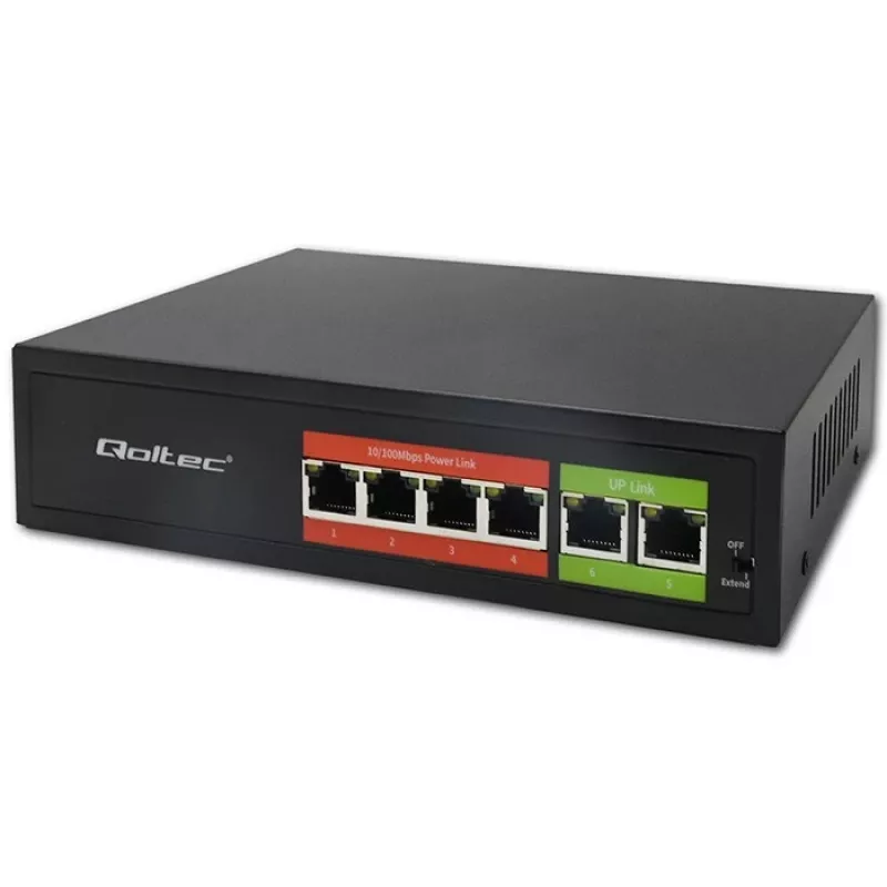 Przełącznik Ethernet PoE QOLTEC 52289 — 4 porty RJ45 PoE, 2 porty uplink RJ45, budżet mocy 65W