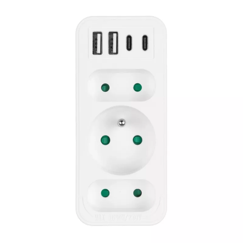 Rozgałęziacz zasilania MACLEAN MCE248 F/W — 3 gniazda AC (1×16A, 2×6A) + 4×USB (2×A, 2×C PD 20W), wtyczka EU, biały