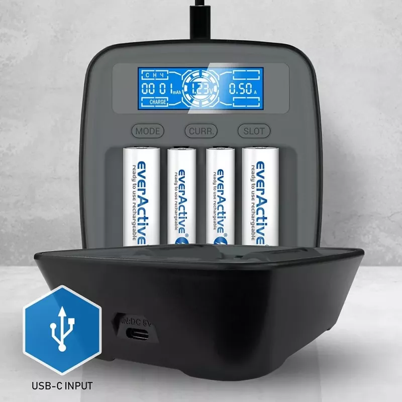 Ładowarka everActive NC1000MV2 — Ni‑MH 4-slotowa ładowarka USB‑C, 4 ogniwa, 5V, czarny, 110×99×38 mm
