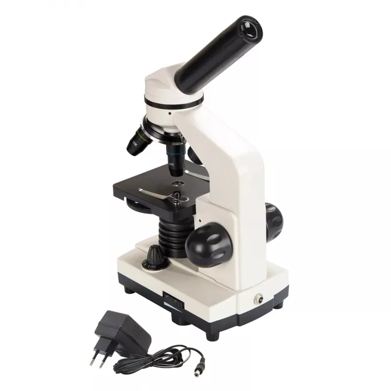 Mikroskop optyczny złożony Deltaoptical DO-3210 — monokularowy, 3 obiektywy achromatyczne, oświetlenie LED, 40–400×, głowica nachylana pod kątem 45° i obrotowa