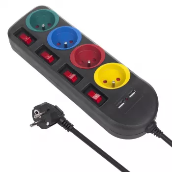Listwa zasilająca MACLEAN MCE229B — 4 gniazda AC, 2× USB-A, kabel 1,5 m, 10 A, typ F, wewnętrzna, czarna