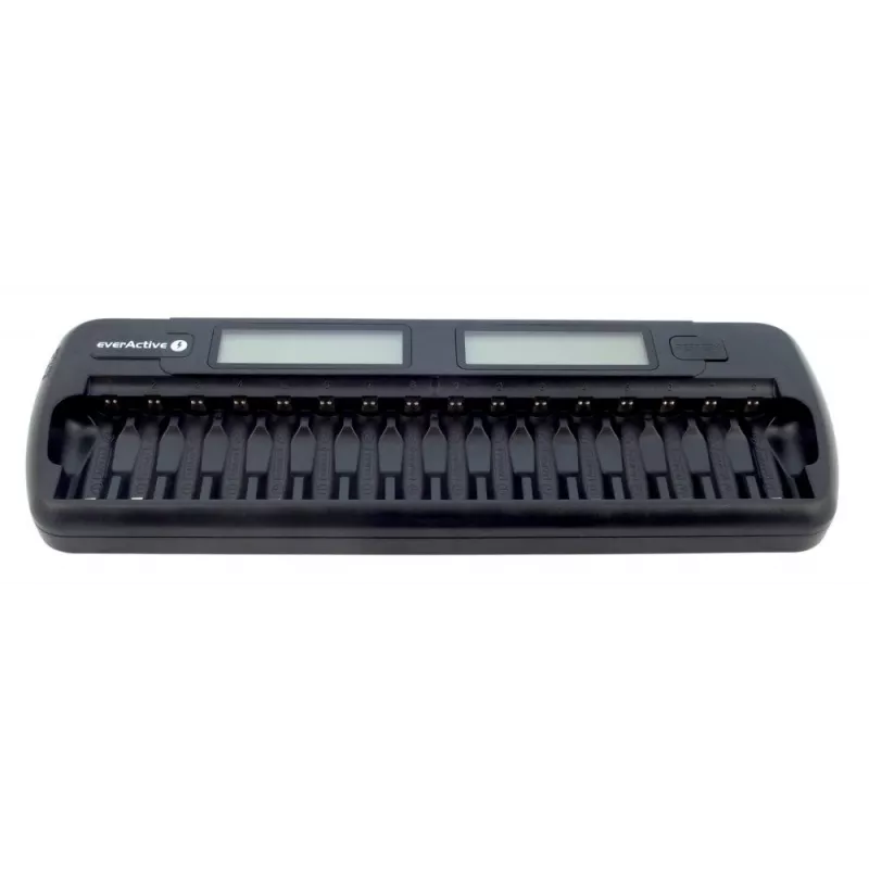 Ładowarka do akumulatorów everActive NC-1600 — uniwersalna ładowarka DC dla Li-Ion, obsługuje 16 ogniw, kompatybilne rozmiary AA/AAA/C, czarna, AC 100–240V 50–60Hz