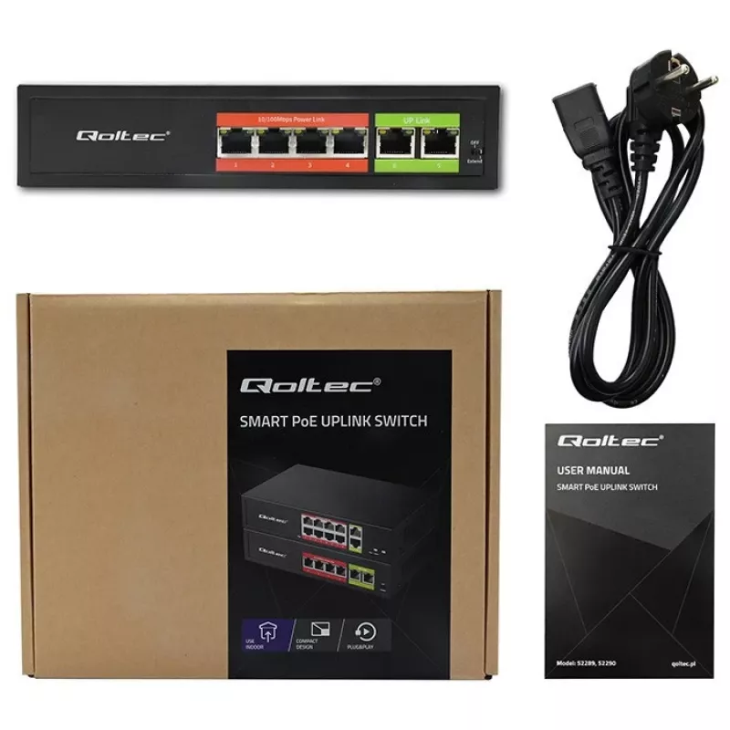 Przełącznik Ethernet PoE QOLTEC 52289 — 4 porty RJ45 PoE, 2 porty uplink RJ45, budżet mocy 65W