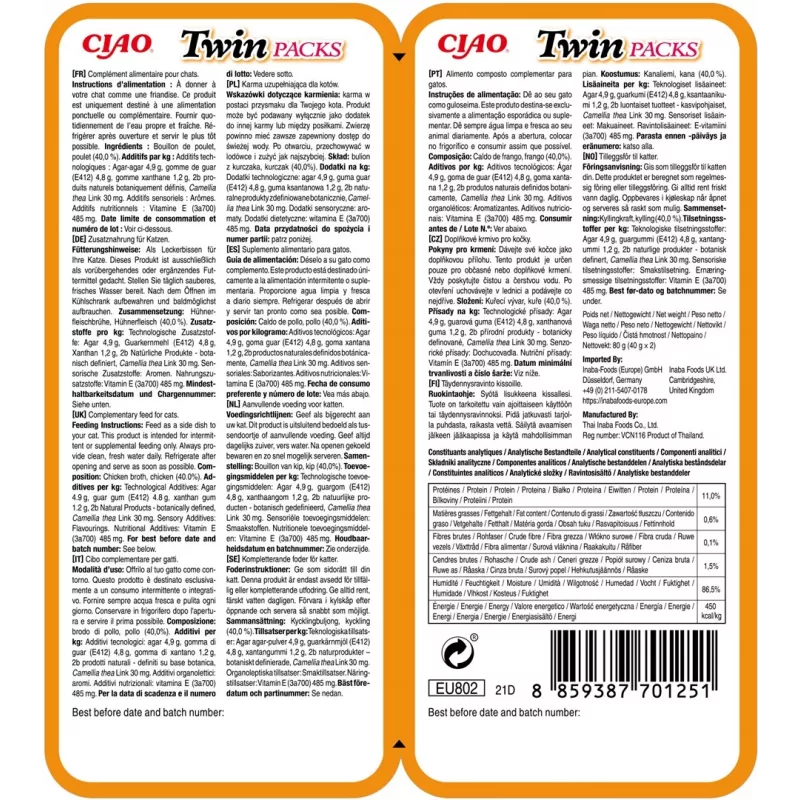 Przysmaki dla kotów INABA Twin Packs Chicken 2 x 40 g saszetki, mięsna przekąska bez zbóż, łącznie 80 g