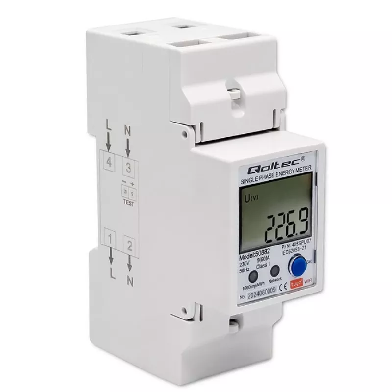 Qoltec 50882 Jednofazowy elektroniczny licznik zużycia energii na szynę DIN | Wi-Fi | TUYA | 230V | LCD