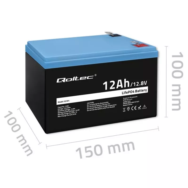Qoltec LiFePO4 akumulator litowo-żelazowo-fosforanowy 12,8 V 12 Ah 153,6 Wh z BMS