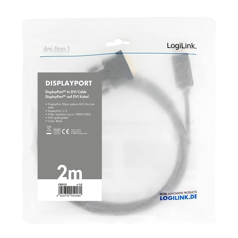 adapter kablowya wideo LogiLink CV0131 2 m DisplayPort DVI Czarny