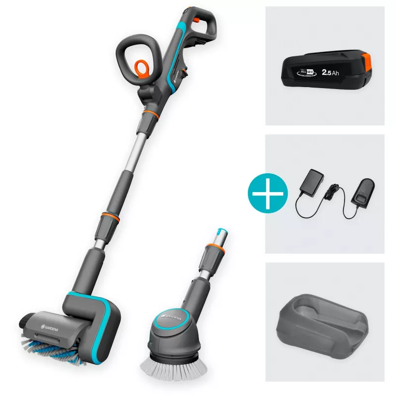 akumulatorowy wielofunkcyjny środek czyszczący AquaBrush Universal 18V P4A, czyścik do twardych podłóg Szary/turkusowy, akumulator Li-Ion 2,5Ah P4A, POWER FOR ALL ALLIANCE
