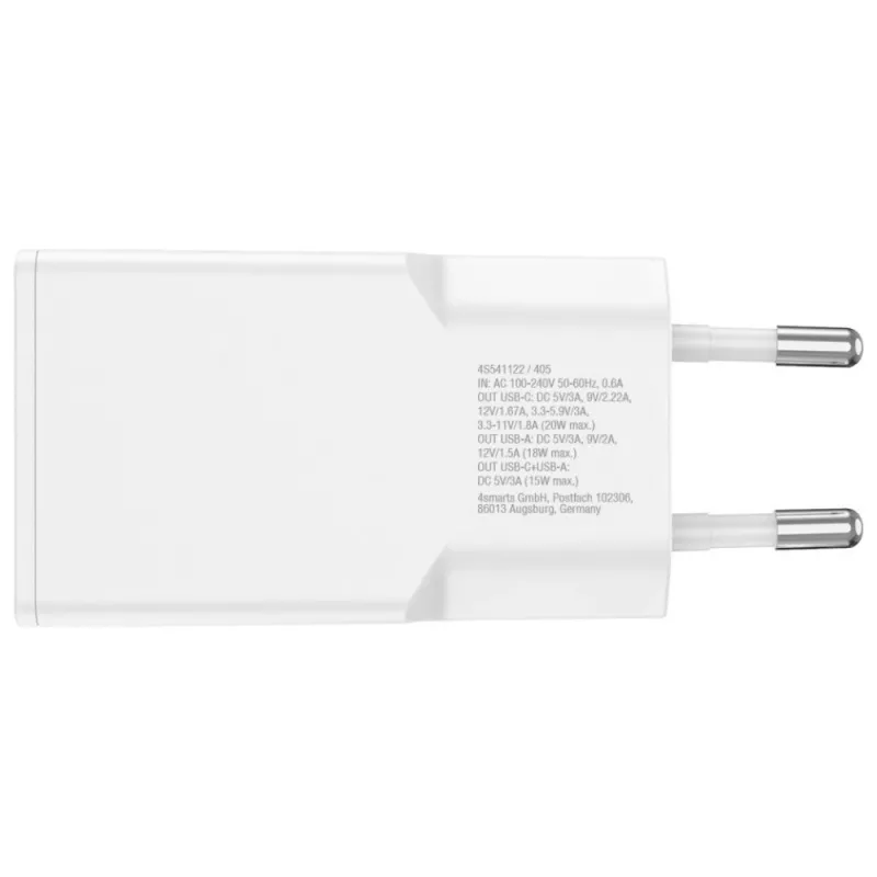 Ładowarka sieciowa do urządzeń mobilnych 4smarts 541509 — 100–240V, USB-A + USB-C, kabel 1,5 m, szybkie ładowanie, biała