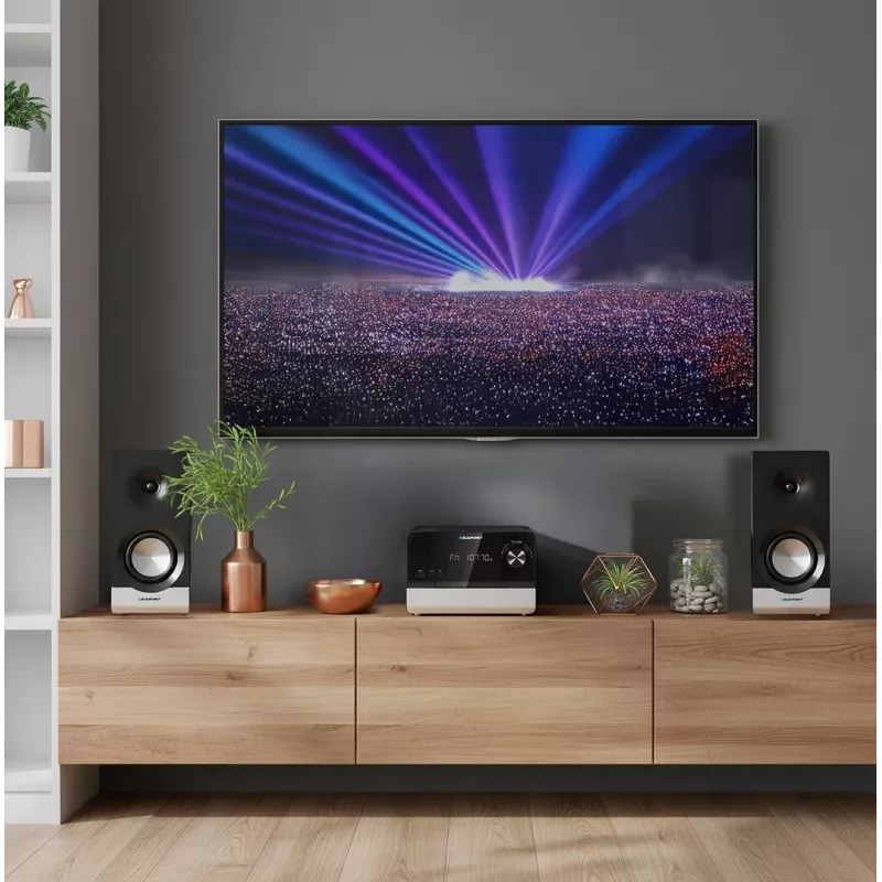 Mikrowieża hi-fi BLAUPUNKT MS40.2BT — 2×50 W RMS, Bluetooth, CD, USB, HDMI ARC, wejście optyczne, wyświetlacz LED (czarna)