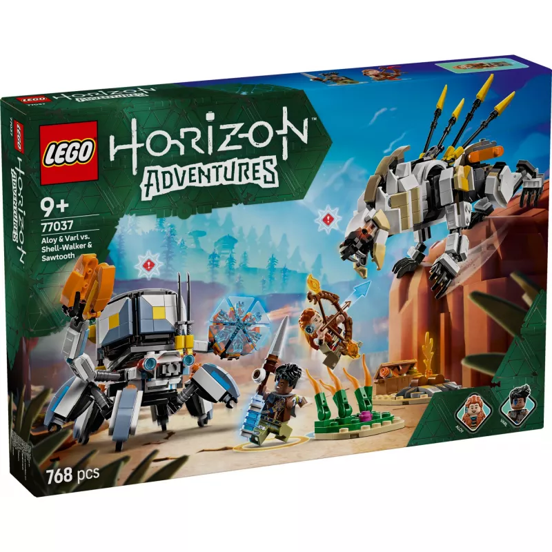 Zestaw LEGO Horizon Adventures 77037 – Aloy i Varl kontra Shell-Walker i Sawtooth, 768 elementów, 2 minifigurki