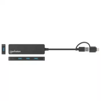 Manhattan USB-C & USB-A Combo Dock/Hub, Porty (4): USB-A (x4), 5 Gb/s (USB 3.2 Gen1 znane jako USB 3.0), zasilany przez USB (nie wymaga zewnętrznego zasilacza)