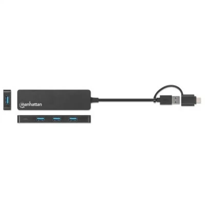 Manhattan USB-C & USB-A Combo Dock/Hub, Porty (4): USB-A (x4), 5 Gb/s (USB 3.2 Gen1 znane jako USB 3.0), zasilany przez USB (nie wymaga zewnętrznego zasilacza)