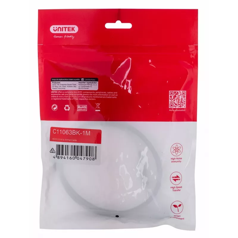 UNITEK 2.0 4K60HZ FLAT 1M C11063BK-1M kabel HDMI 1 m HDMI Typ A (Standard) Czarny