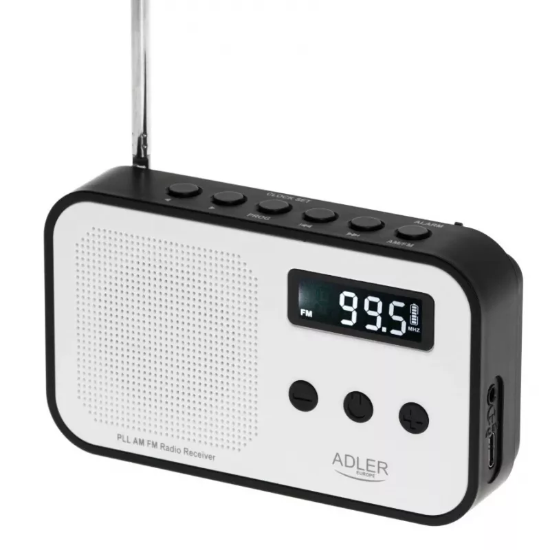 Przenośne radio cyfrowe Adler AD 1907 — AM/FM, tuner cyfrowy, alarm, USB-C, bateria 600 mAh, LCD, 20 ustawień, antena teleskopowa