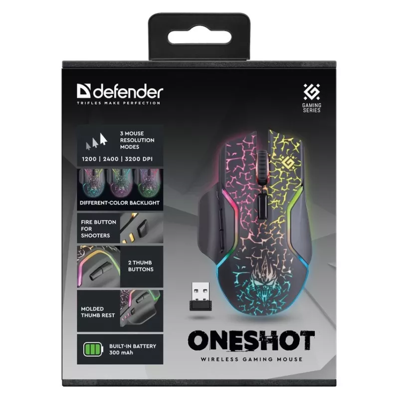 Defender Oneshot GM-067 Mysz Gamingowa dla Praworęcznych RF Bezprzewodowa + USB Typ