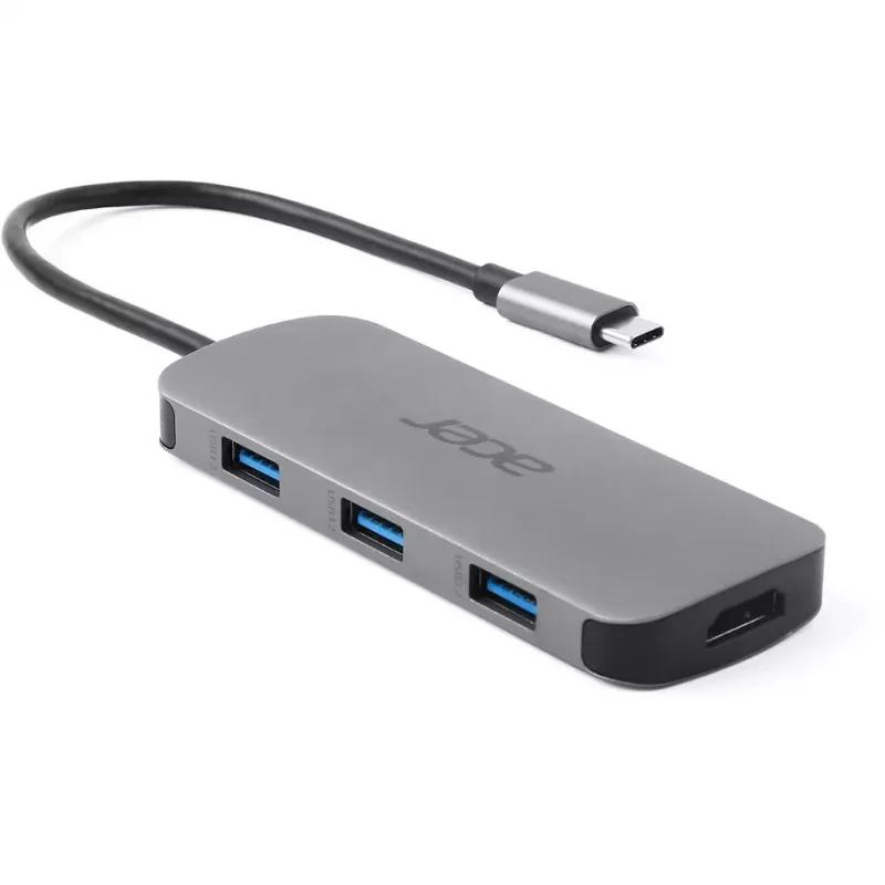 7-w-1 Dongle USB-C Acer — USB 3.2 Gen 1 Type-C, 3x USB-A, HDMI, SD/MicroSD, 100W PD, srebrny