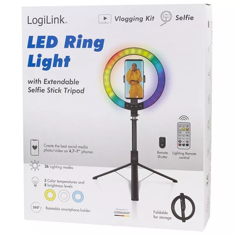 LogiLink lampa pierścieniowa do smartfona z kijkiem do selfie i statywem, średnica 20 cm (AA0156)