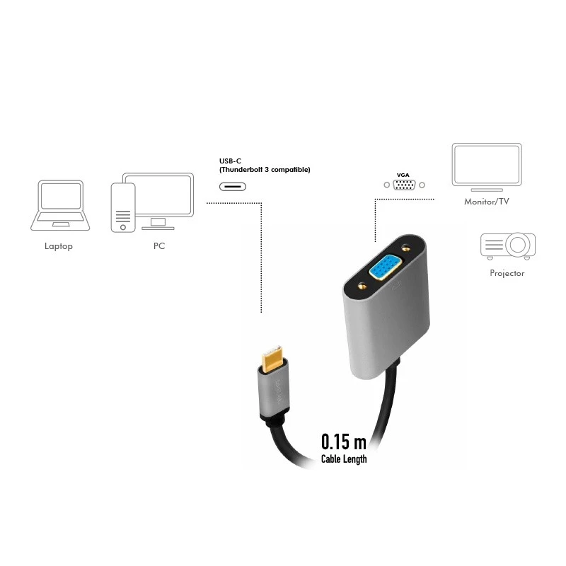adapter kablowya wideo USB Type-C do VGA (D-Sub) LOGILINK CUA0104 0,15 m, szary/czarny