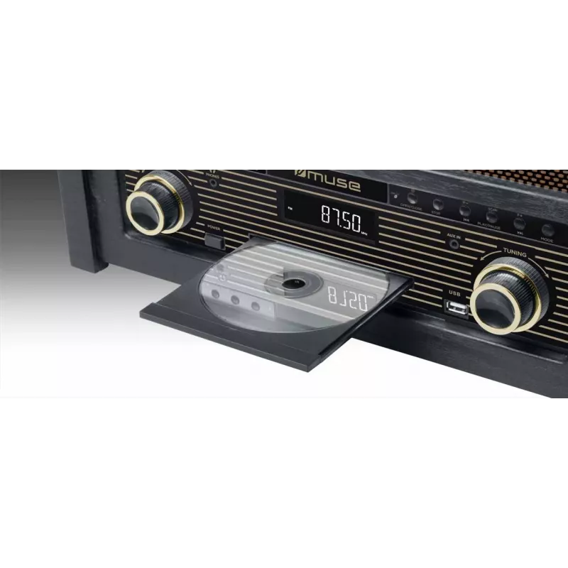 Gramofon muse MT-115 W — czarny/złoty, 33-45-78 obr./min, ramię w kształcie litery J, pokrętło głośności, 240 V AC