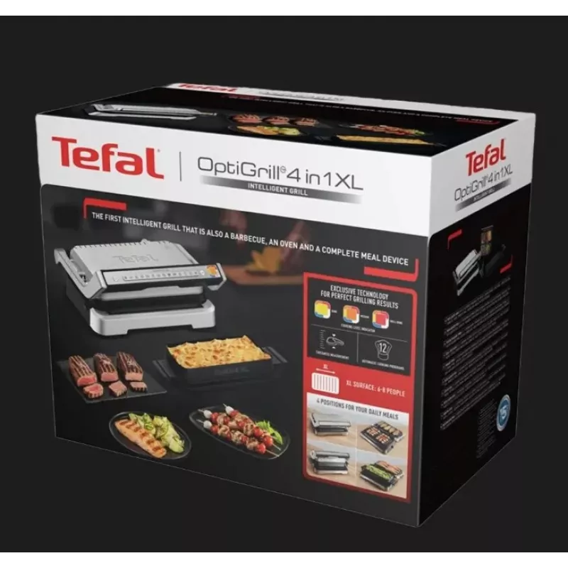 Elektryczny grill kontaktowy Tefal OptiGrill+ XL stal nierdzewna — duża pojemność, automatyczne programy gotowania