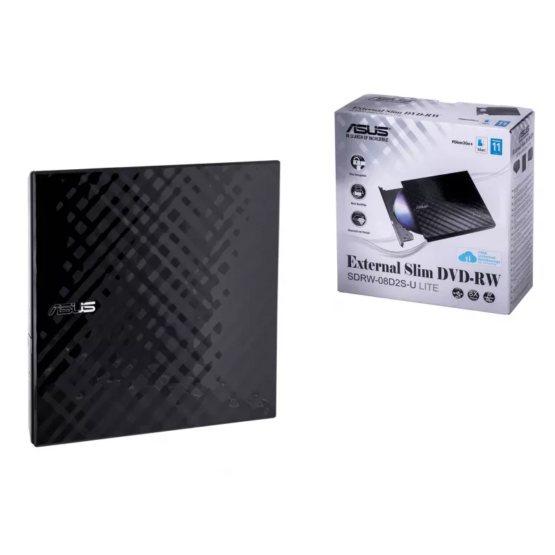 Zewnętrzny napęd optyczny DVD±RW ASUS SDRW-08D2S-U Lite, USB 2.0, czarny, 24x CD / 8x DVD, 142×142×20 mm