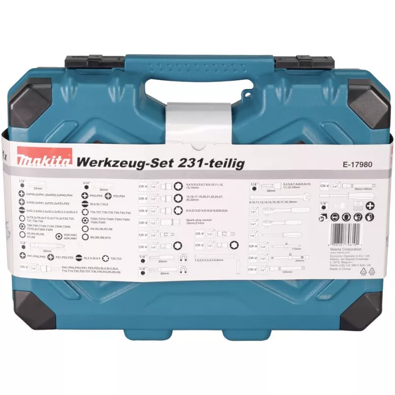Handwerkzeug-Set E-17980, 231-teilig blau, mit 2 Umschaltknarren, 1/4 und 1/2, Koffer