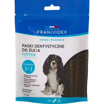 Paski dentystyczne FRANCODEX dla psów, opakowanie 15 saszetek — przysmak dentystyczny dla małych dorosłych psów (5–10 kg), 228 g, smak warzywny, bezglutenowe