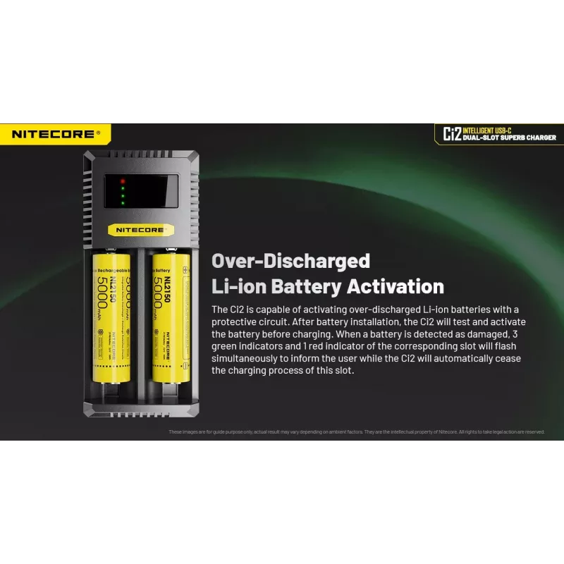 Ładowarka do akumulatorów Nitecore Ci12 Uniwersalna ładowarka USB do Li-Ion, NiCd, NiMH, wejście 3A 5/9/12V, obudowa z tworzywa sztucznego
