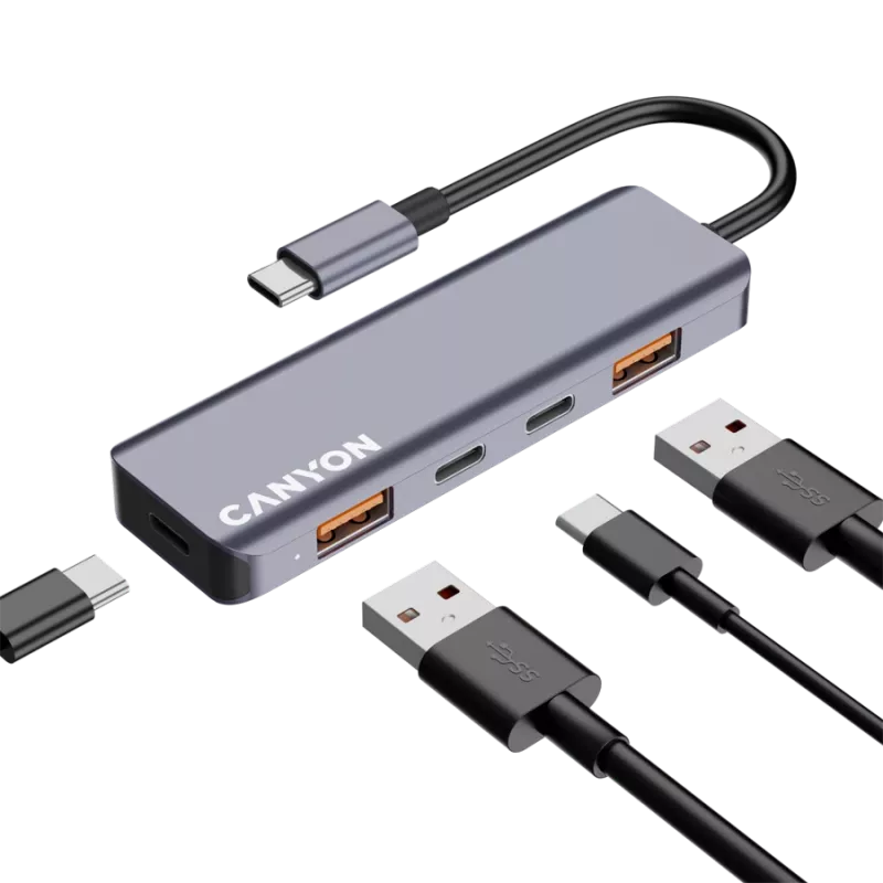 Canyon DS-18 - Hub USB-C - 5 portów - 1x USB-C 5V DC ładowanie - 2x USB-C - 10 Gb/s - 2x USB 3.2