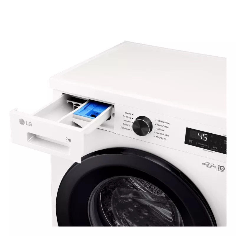 Pralka LG F2X10S7NWK — ładowana od przodu, szerokość 600 mm, głębokość 540 mm, wysokość 890 mm, masa netto 59 kg