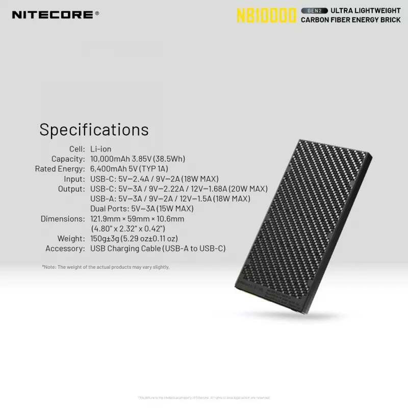 Przenośny Power Bank Nitecore NB10000 — 10000 mAh, USB-A + USB-C, łączna moc wyjściowa 38 W, szary