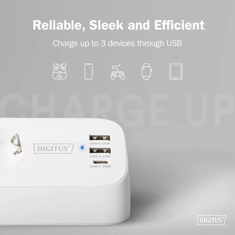 Listwa zasilająca DIGITUS 3-drożna z 2×USB-A i 1×USB-C, 3 gniazda AC typu E/F, kabel 1,5 m, biała
