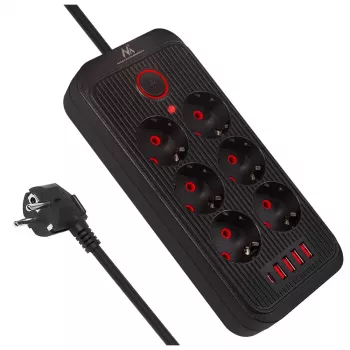 Listwa zasilająca MACLEAN MCE391 B – 6 gniazd, 4×USB-A + 1×USB-C, 110–240V, 2500W, kabel 3 m, czarna