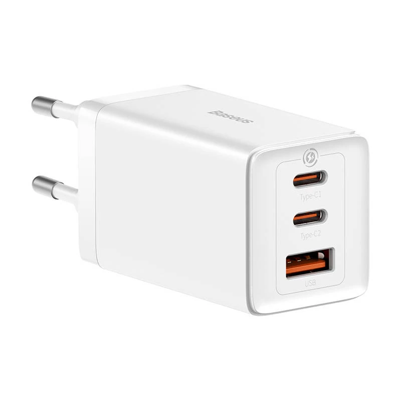 Ładowarka sieciowa Baseus GaN5 Pro 65 W — USB + 2×USB-C (QC3.0, PD3.0) z kablem USB-C 1 m, biała